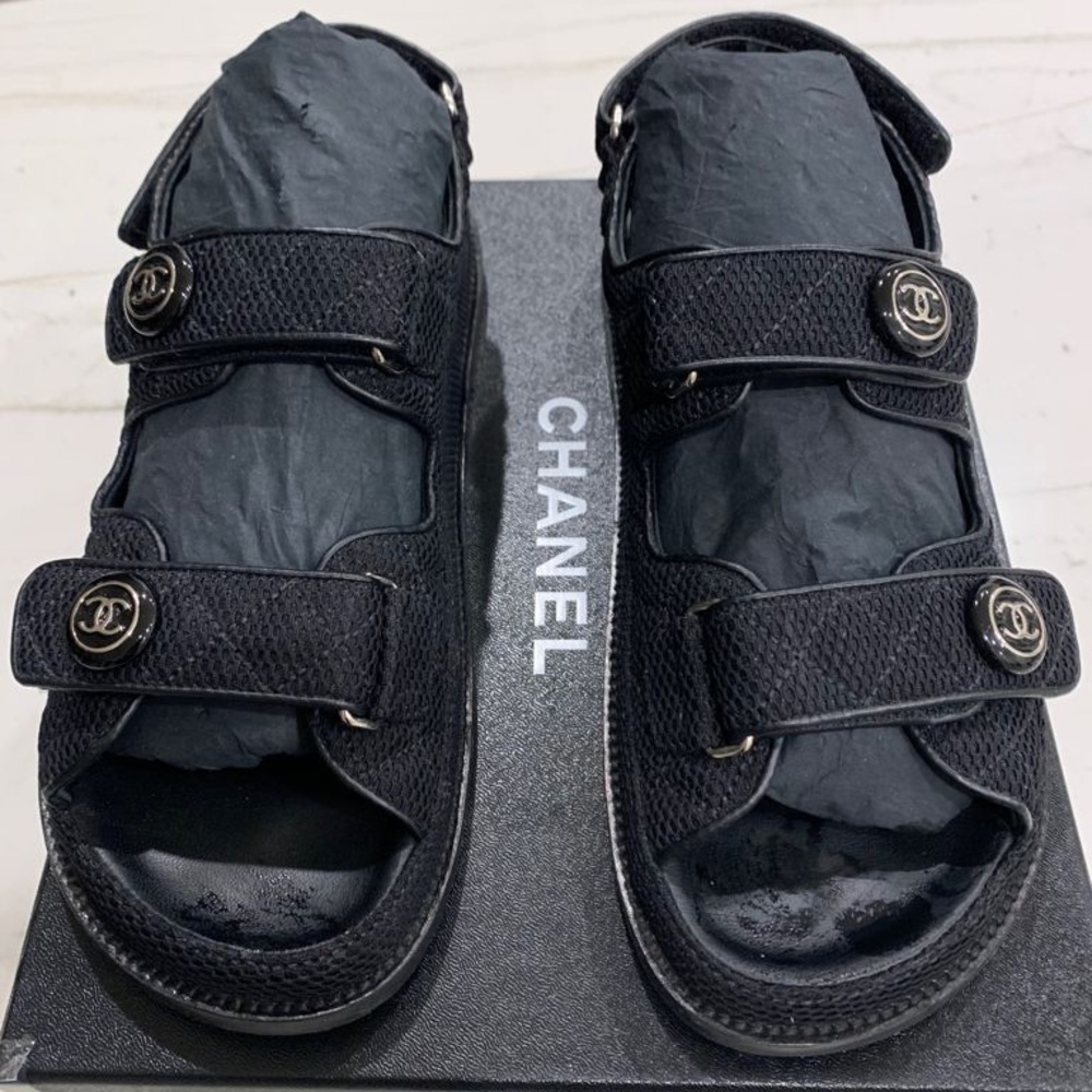 CHANEL Dad Sandals Black Mesh 39.5